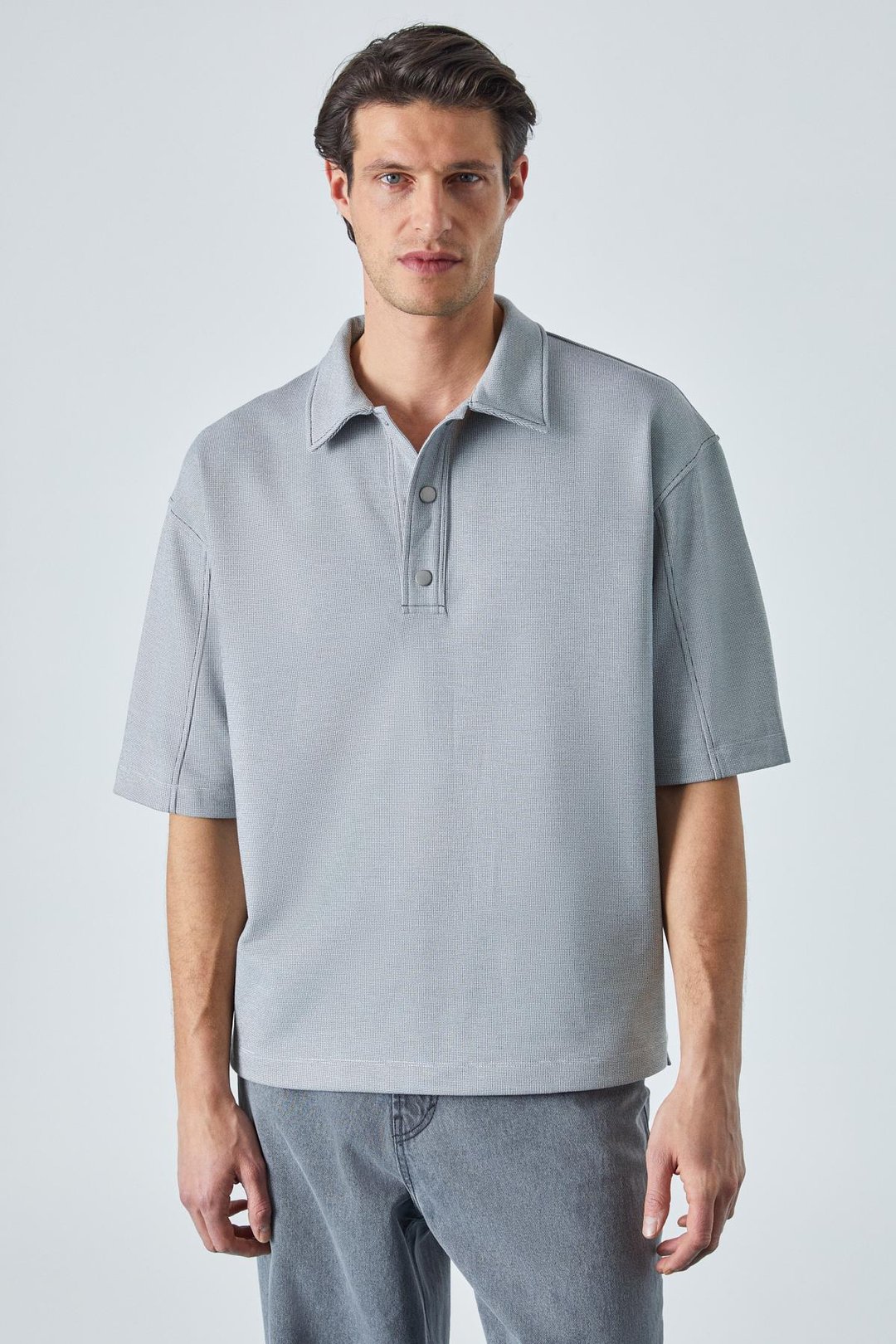 JUCKA Erkek Kısa Kollu Çıtçıt Kapamalı Oversize Fit Polo Yaka Gri T-Shirt