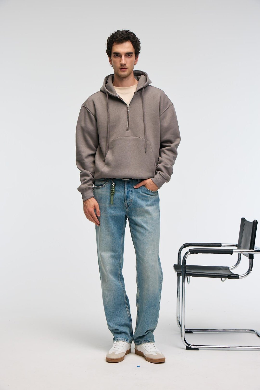 JUSTUS Erkek Kapüşonlu Kanguru Cepli Fermuar Yakalı Koyu Gri Sweatshirt