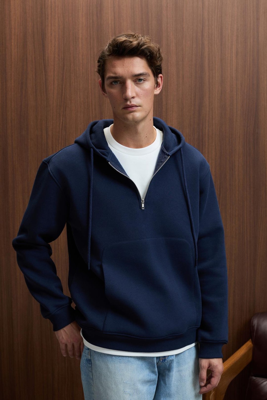 JUSTUS Erkek Kapüşonlu Kanguru Cepli Fermuar Yakalı Lacivert Sweatshirt