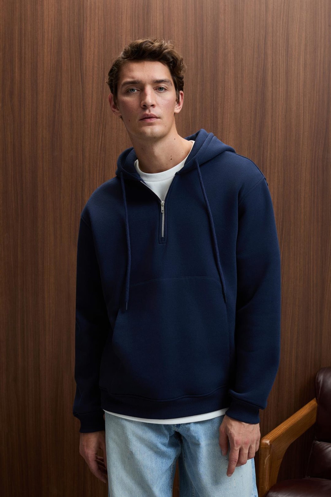 JUSTUS Erkek Kapüşonlu Kanguru Cepli Fermuar Yakalı Lacivert Sweatshirt