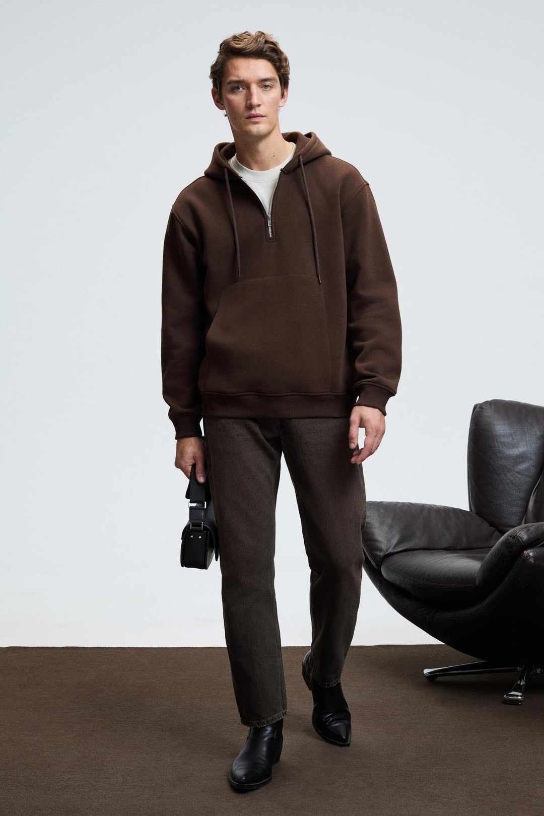 JUSTUS Erkek Kapüşonlu Kanguru Cepli Fermuar Yakalı Kahverengi Sweatshirt