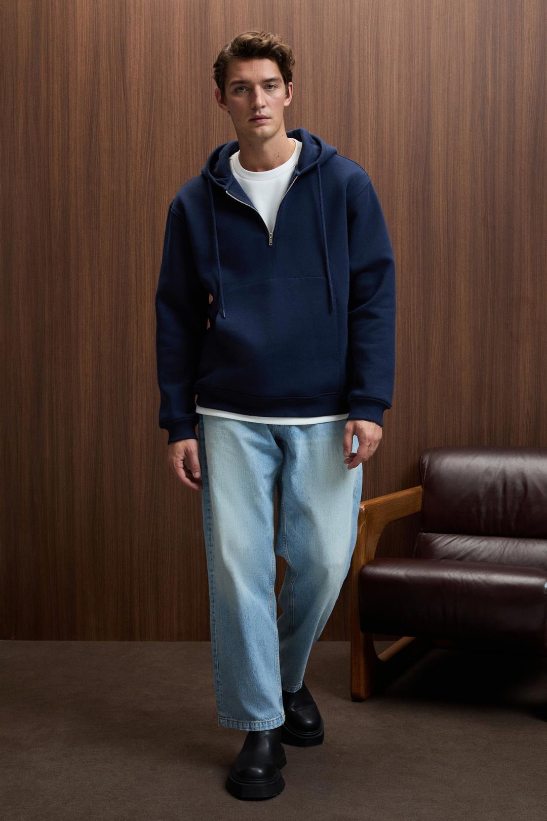 JUSTUS Erkek Kapüşonlu Kanguru Cepli Fermuar Yakalı Lacivert Sweatshirt