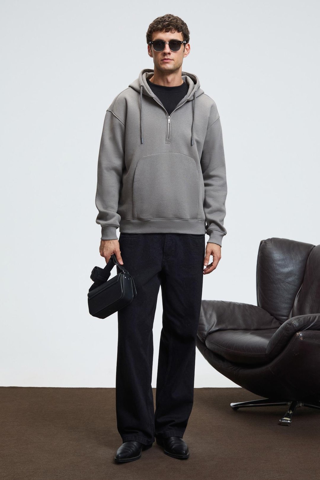 JUSTUS Erkek Kapüşonlu Kanguru Cepli Fermuar Yakalı Koyu Gri Sweatshirt