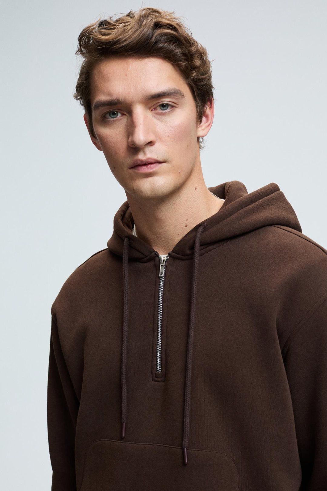 JUSTUS Erkek Kapüşonlu Kanguru Cepli Fermuar Yakalı Kahverengi Sweatshirt