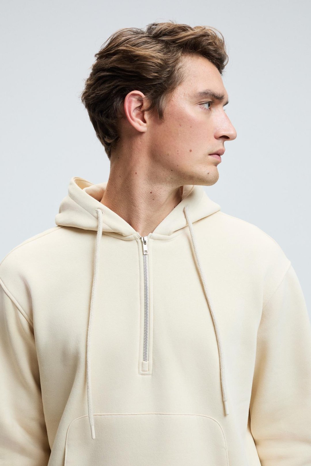 JUSTUS Erkek Kapüşonlu Kanguru Cepli Fermuar Yakalı Krem Sweatshirt