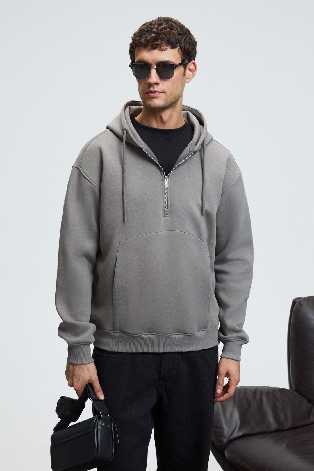 JUSTUS Erkek Kapüşonlu Kanguru Cepli Fermuar Yakalı Koyu Gri Sweatshirt