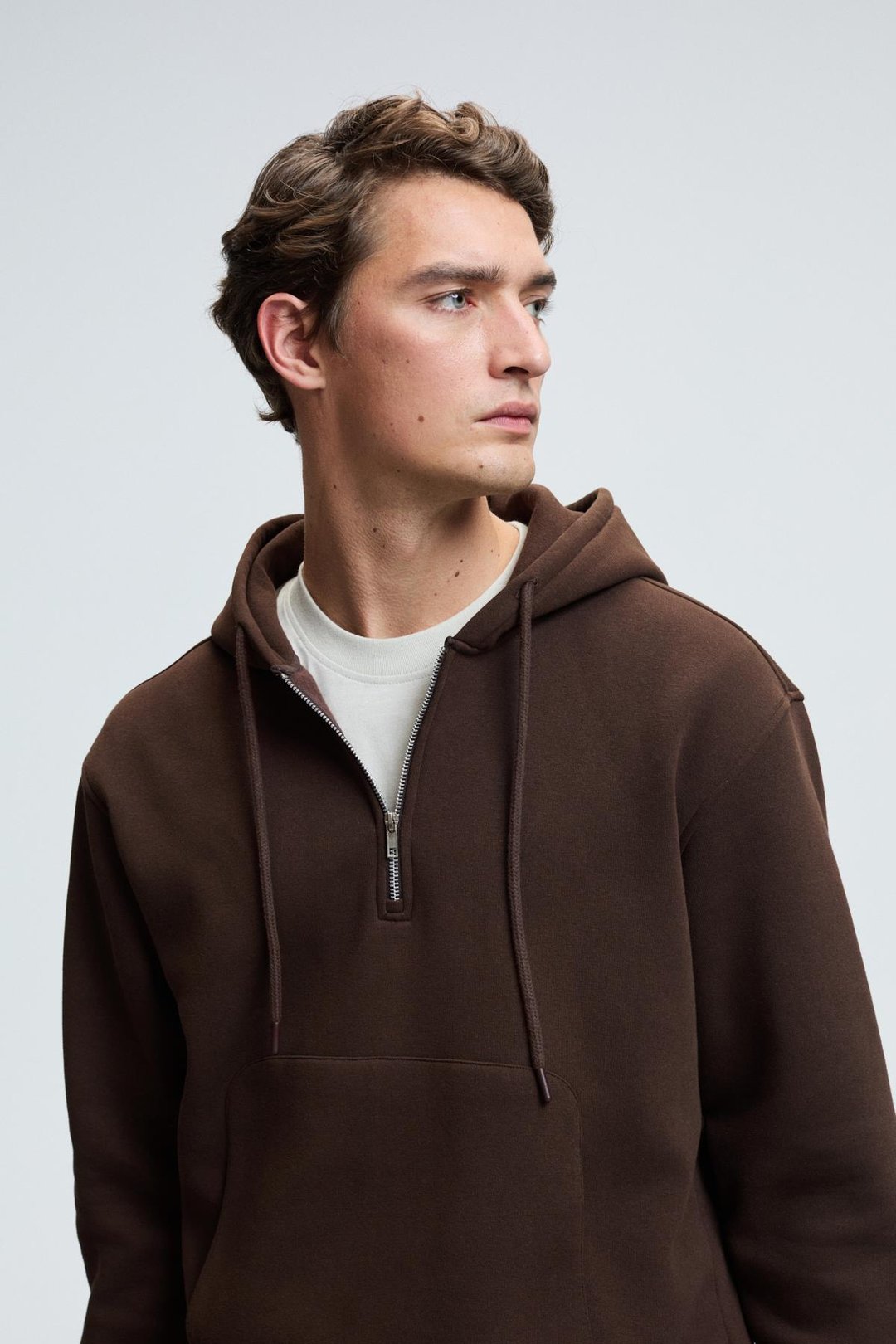 JUSTUS Erkek Kapüşonlu Kanguru Cepli Fermuar Yakalı Kahverengi Sweatshirt