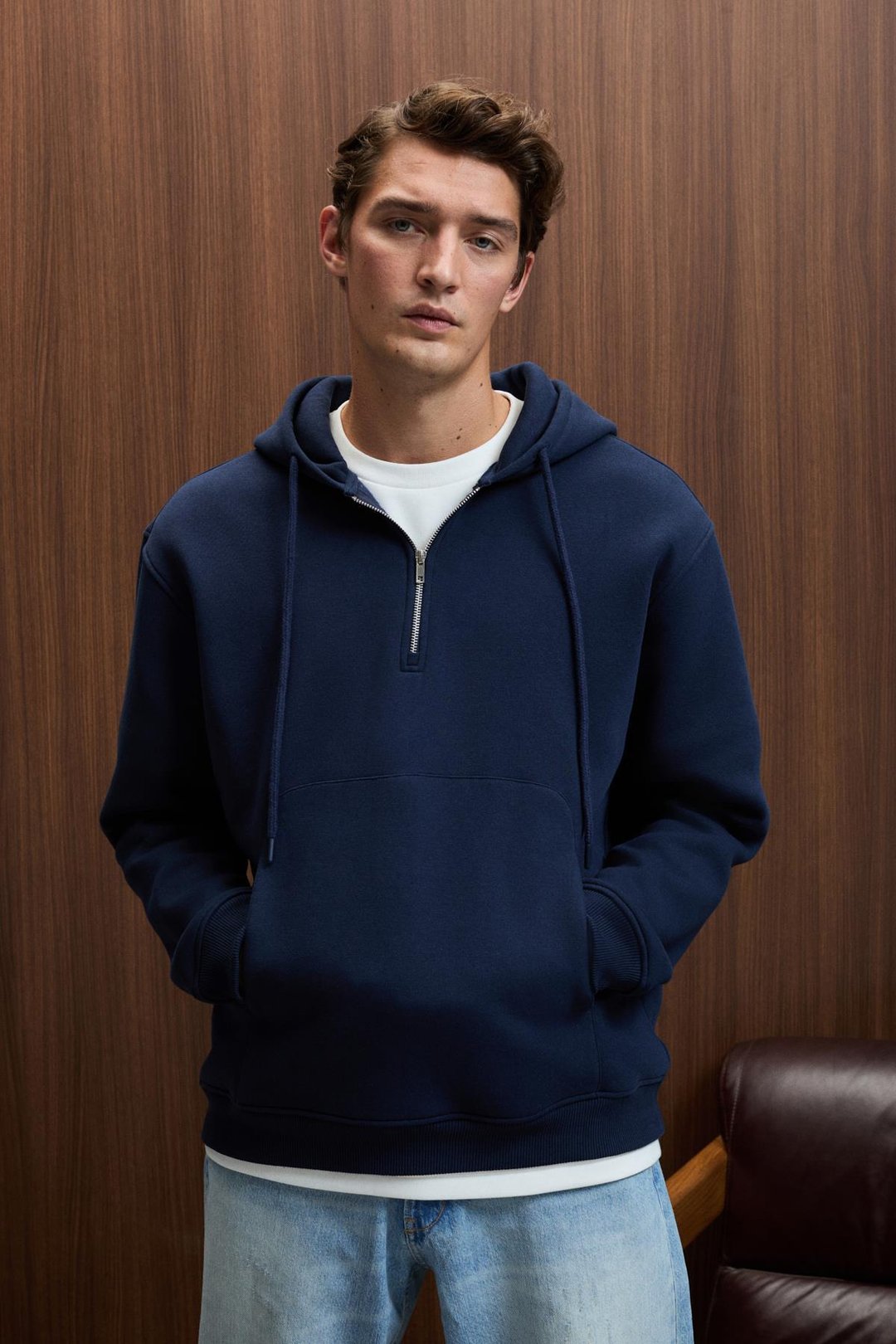 JUSTUS Erkek Kapüşonlu Kanguru Cepli Fermuar Yakalı Lacivert Sweatshirt