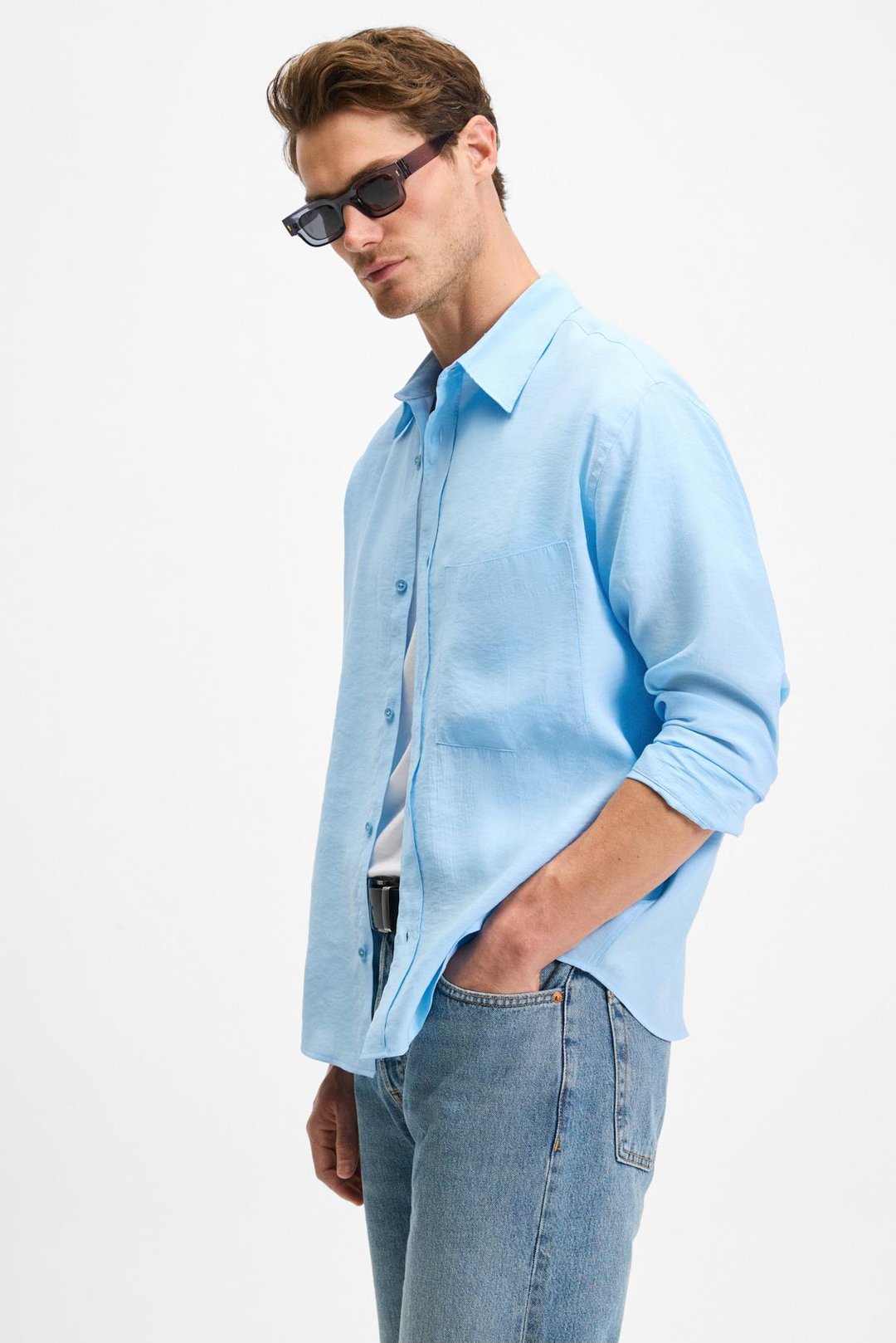 JUUSO Erkek Dökümlü Kumaş Gömlek Yaka Düğmeli Manşetli Cep Detaylı Uzun Kol Mavi Gömlek