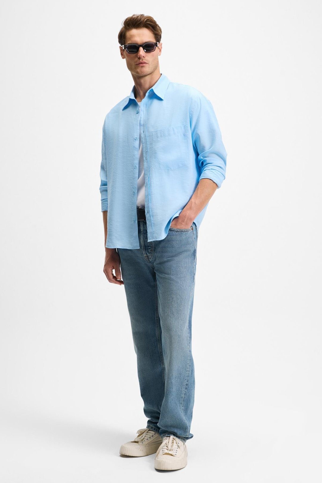 JUUSO Erkek Dökümlü Kumaş Gömlek Yaka Düğmeli Manşetli Cep Detaylı Uzun Kol Mavi Gömlek