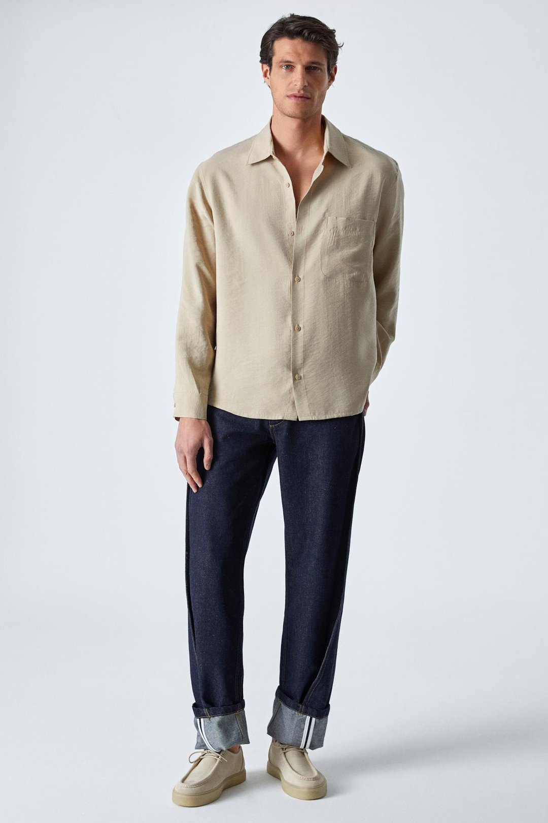 JUUSO Erkek Dökümlü Kumaş Gömlek Yaka Düğmeli Manşetli Cep Detaylı Uzun Kol Bej Gömlek