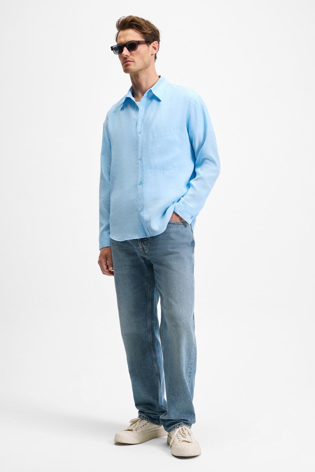 JUUSO Erkek Dökümlü Kumaş Gömlek Yaka Düğmeli Manşetli Cep Detaylı Uzun Kol Mavi Gömlek