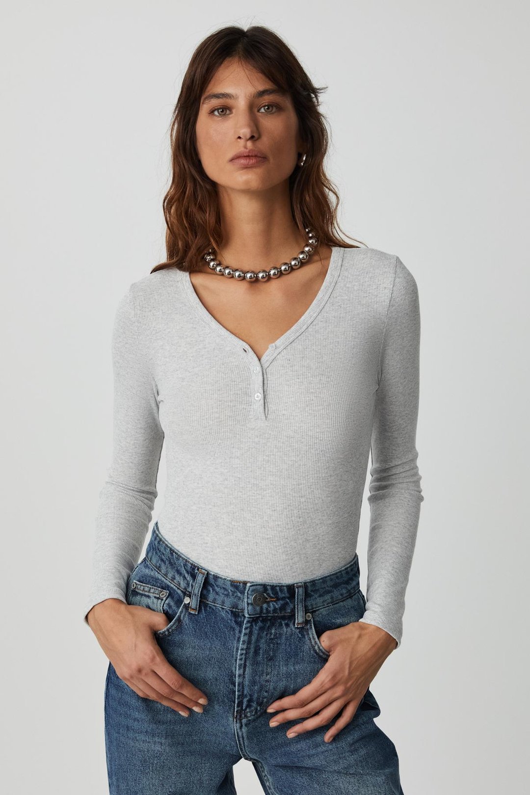 KALANI Kadın Uzun Kollu V Yaka Patlı Düğmeli Grimelanj Body