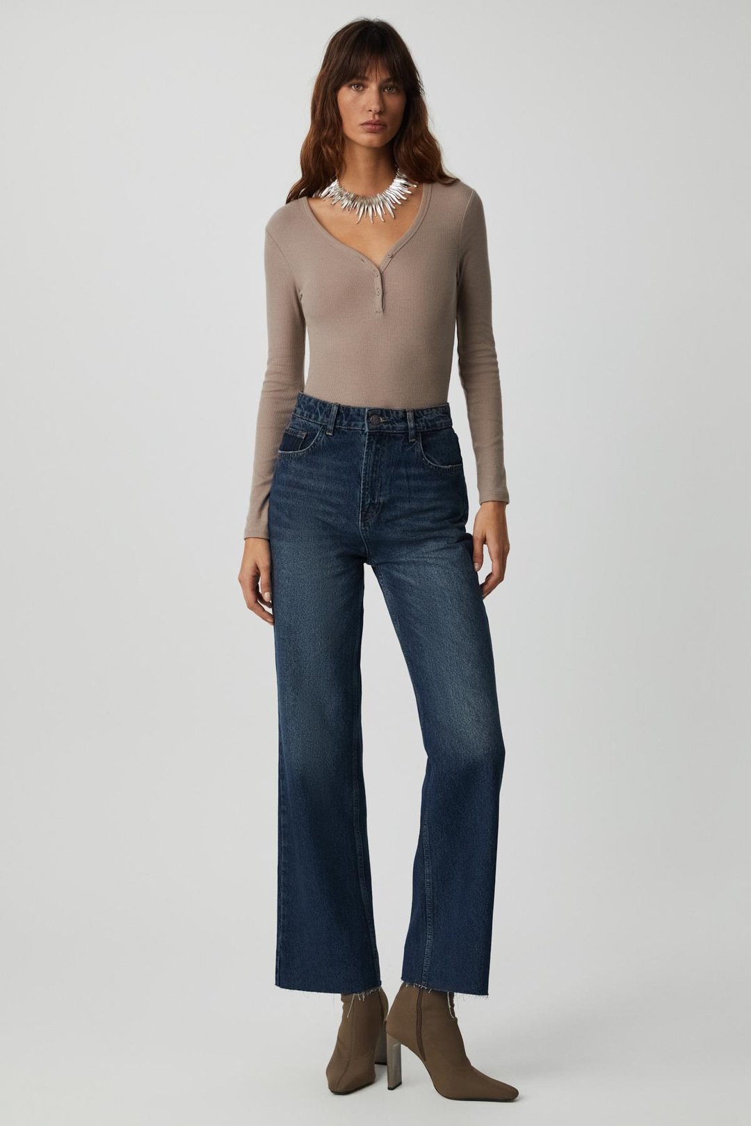 KALANI Kadın Uzun Kollu V Yaka Patlı Düğmeli Vizon Body