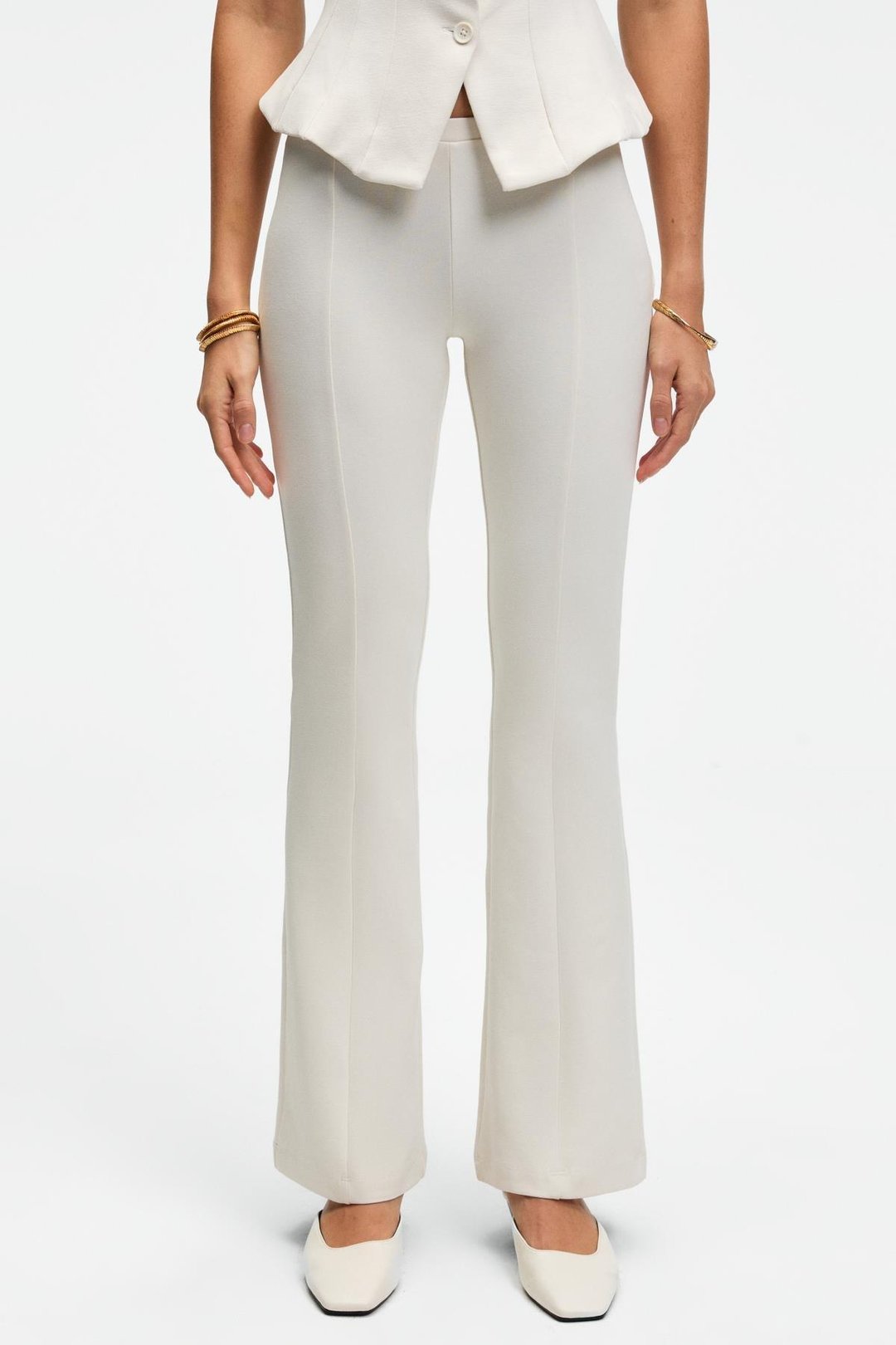 KALYYSIA Kadın Yüksek Bel Geniş Paçalı Slim Fit Ekru Pantolon