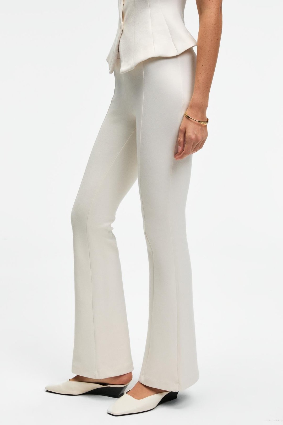 KALYYSIA Kadın Yüksek Bel Geniş Paçalı Slim Fit Ekru Pantolon