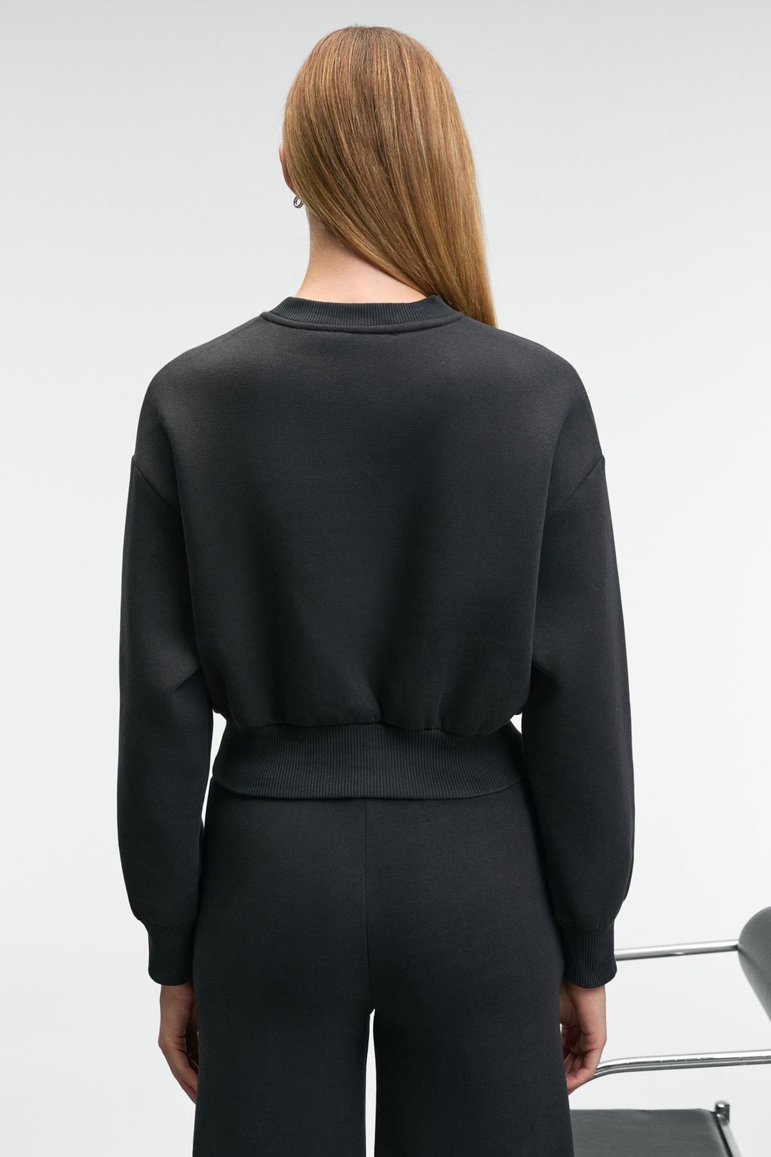 KARALIS Kadın Pamuklu Bisiklet Yaka Crop Antrasit Sweatshirt