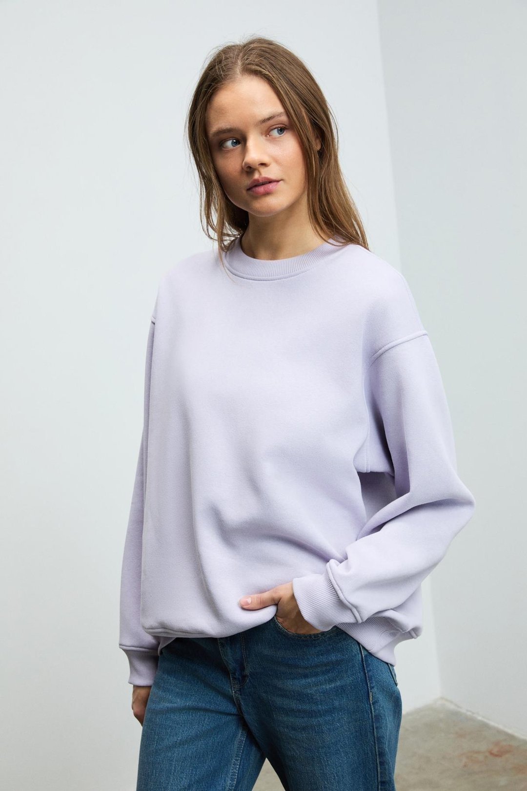 KARIUS Kadın Organik Pamuklu İçi Polarsız Oversize Yuvarlak Yakalı Lila Sweatshirt