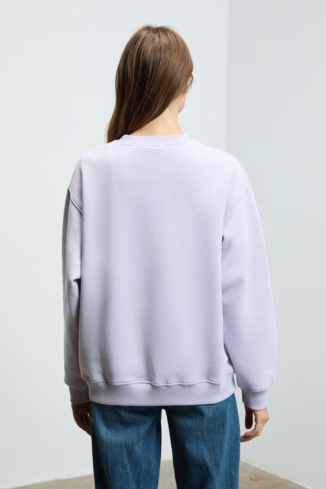KARIUS Kadın Organik Pamuklu İçi Polarsız Oversize Yuvarlak Yakalı Lila Sweatshirt