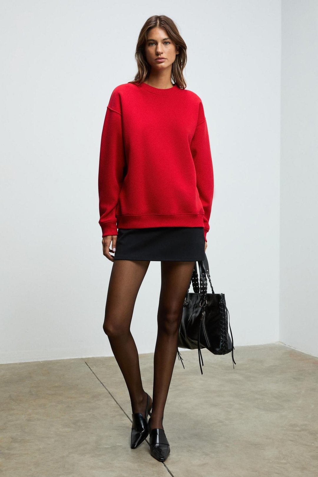 KARIUS Kadın Organik Pamuklu İçi Polarsız Oversize Yuvarlak Yakalı Kırmızı Sweatshirt