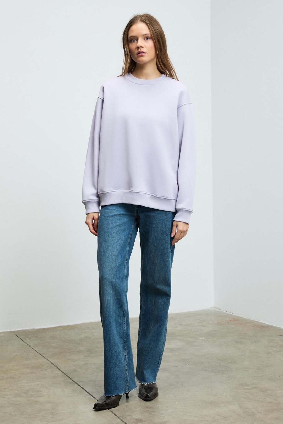 KARIUS Kadın Organik Pamuklu İçi Polarsız Oversize Yuvarlak Yakalı Lila Sweatshirt