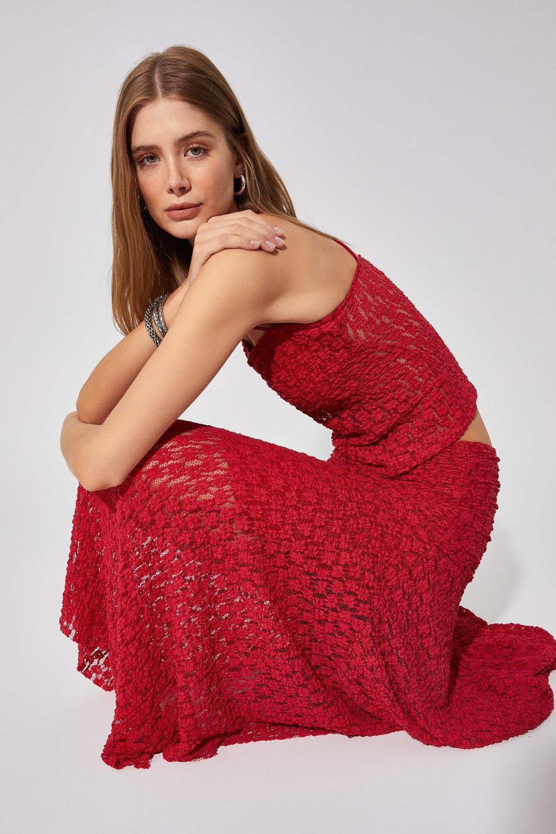 KARMA Kadın Oversize Lastikli Yüksek Bel Uzun Kırmızı Etek