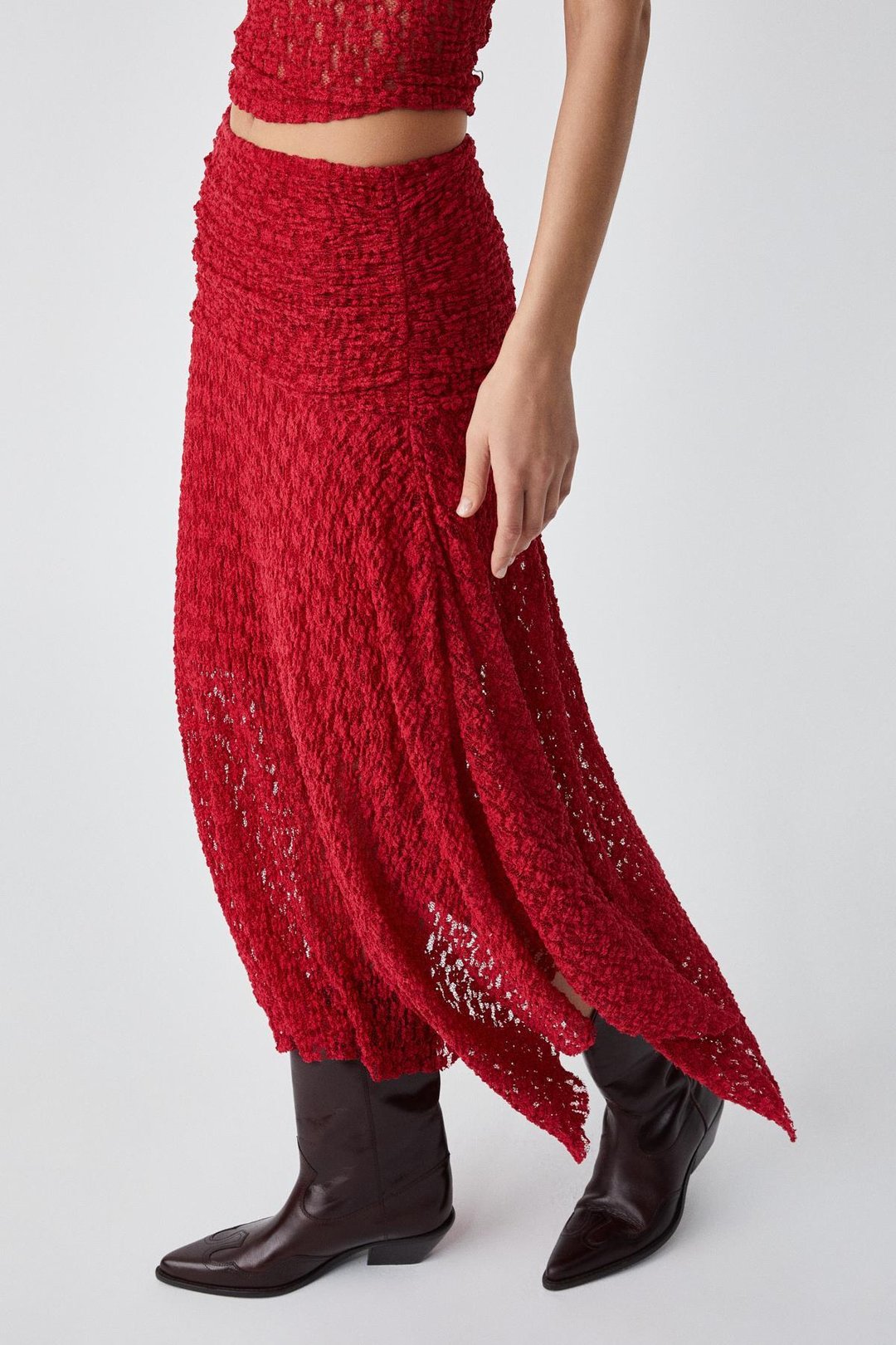 KARMA Kadın Oversize Lastikli Yüksek Bel Uzun Kırmızı Etek