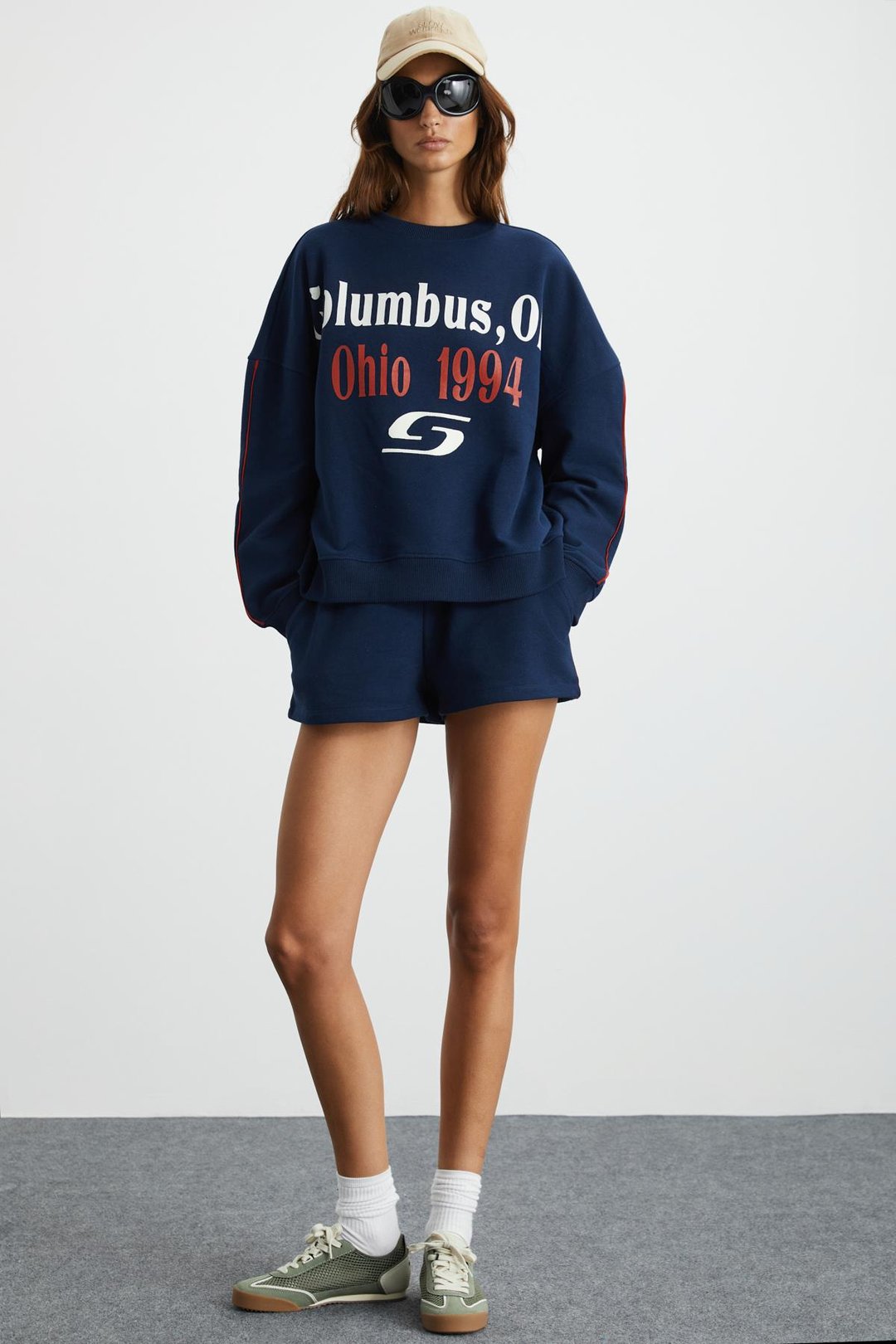 KEIRY Basic Regular Koyu Mavi Tekli Sweatshirt