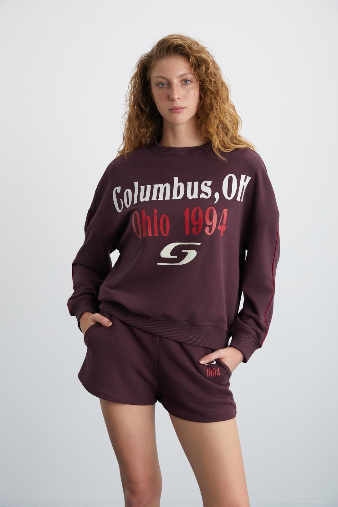 KEIRY Kadın 3 İplik İçi Şardonlu Önü Baskı Detaylı Bisiklet Yaka Koyu Mor Sweatshirt