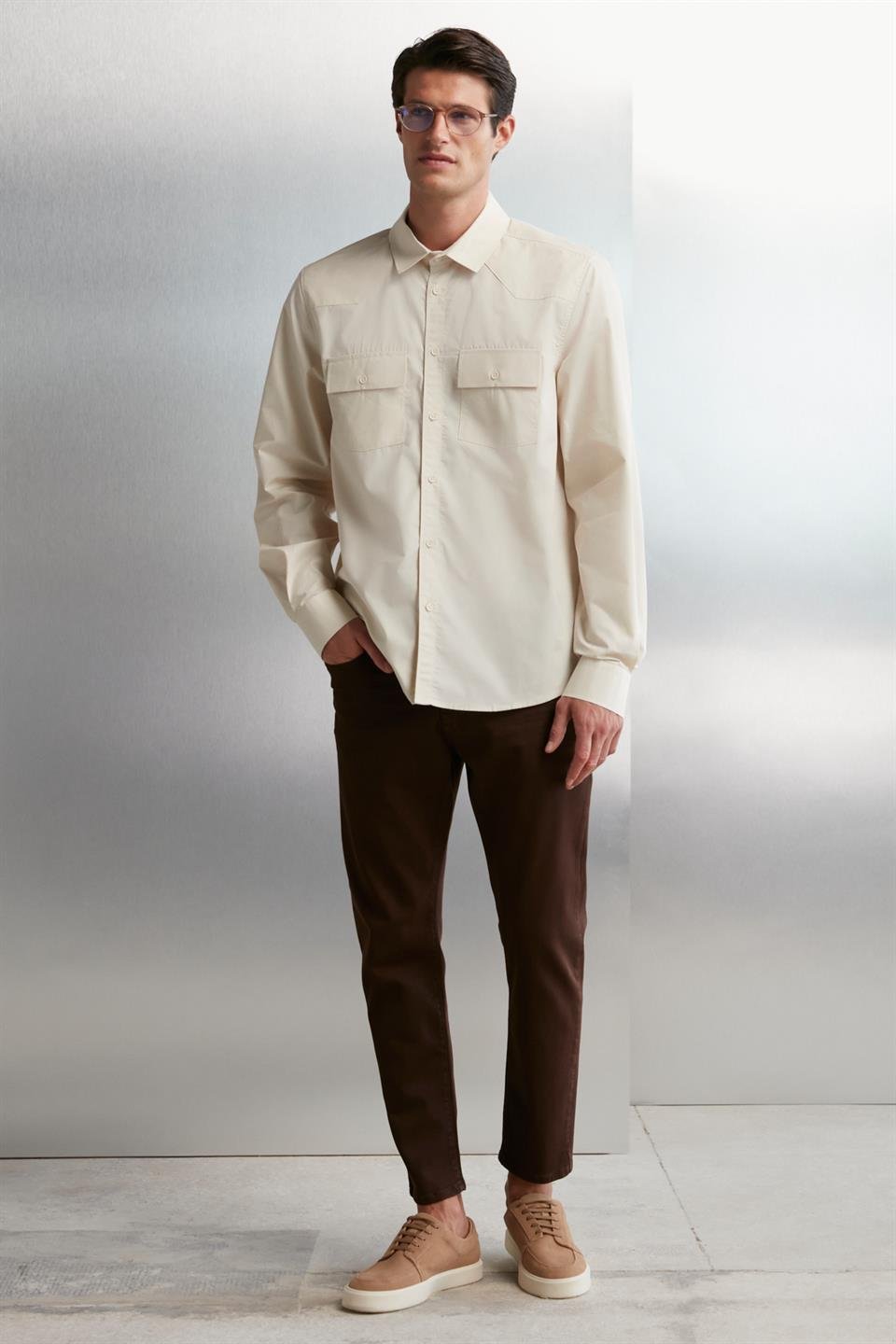 KELVIN  Oversize Taş Rengi Tekli Gömlek