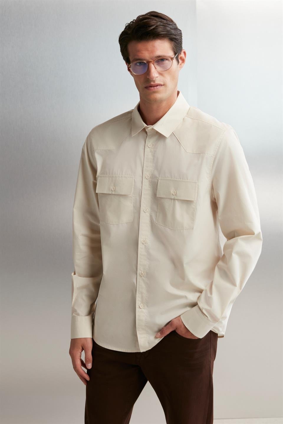 KELVIN  Oversize Taş Rengi Tekli Gömlek