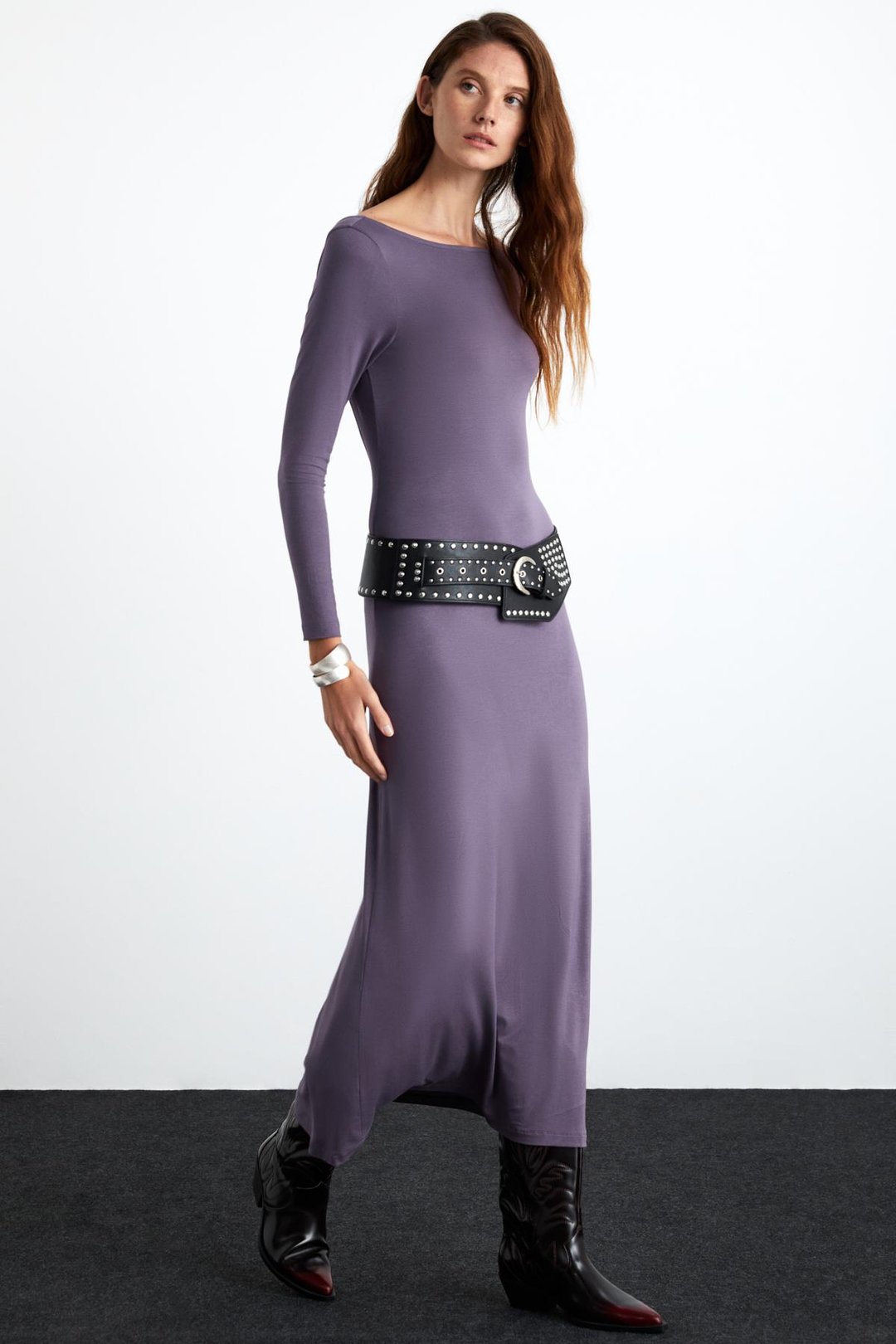 KRIZIA Kadın Viskon Karışımlı Kayık Yaka Slim Fit Mürdüm Elbise