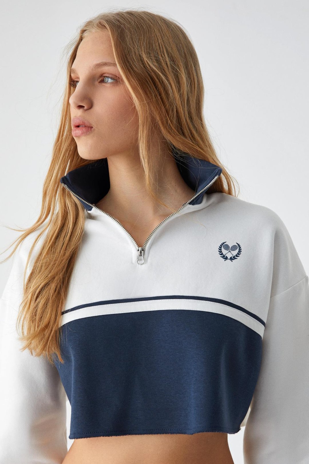 KRUSSEN Kadın Oversize Fermuarlı Uzun Kollu 3 İplik Kısa Beyaz Sweatshirt