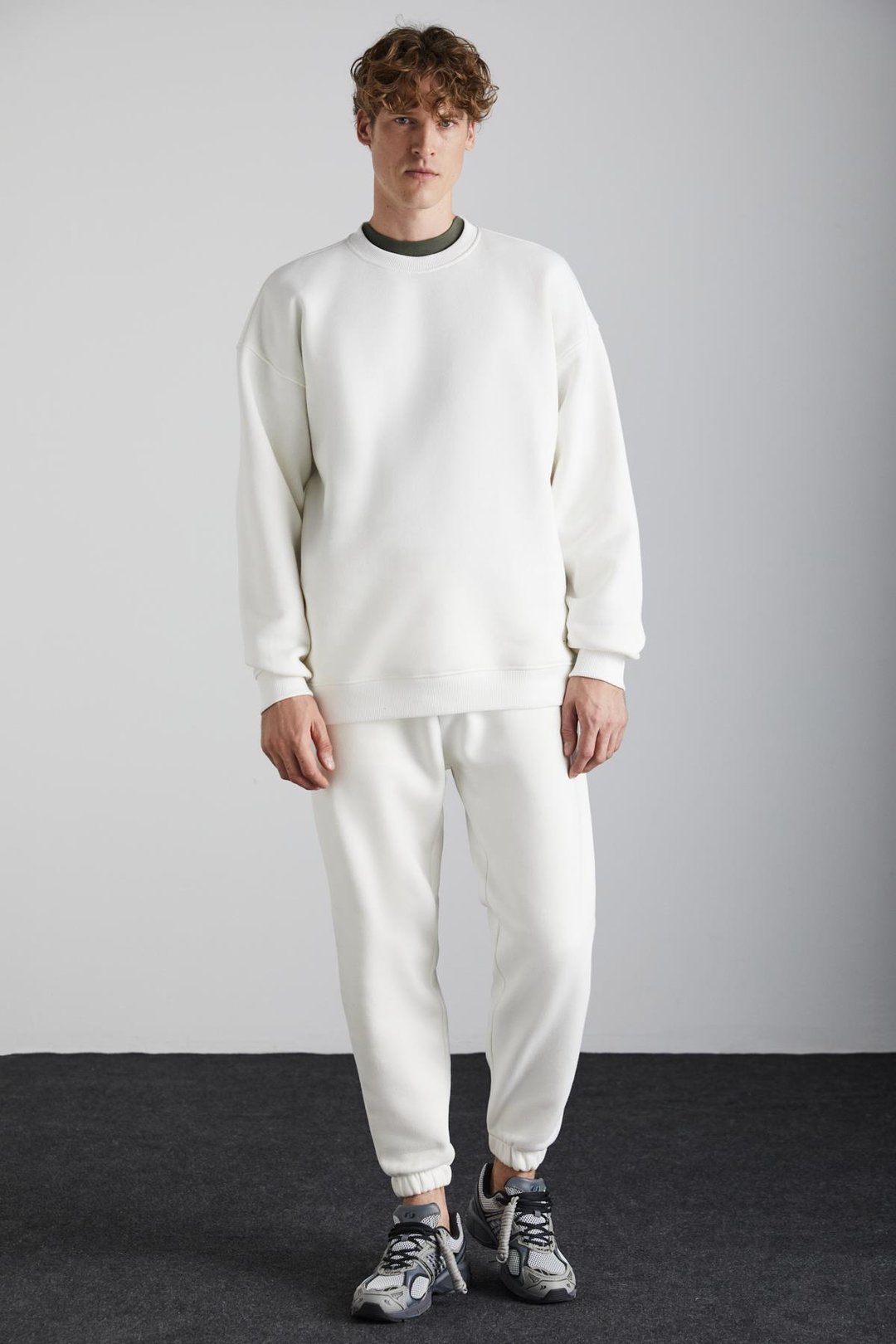 KYOTO Erkek Organik Pamuklu İçi Polarlı Geniş Kesim Paçası Lastikli Jogger Ekru Eşofman Altı