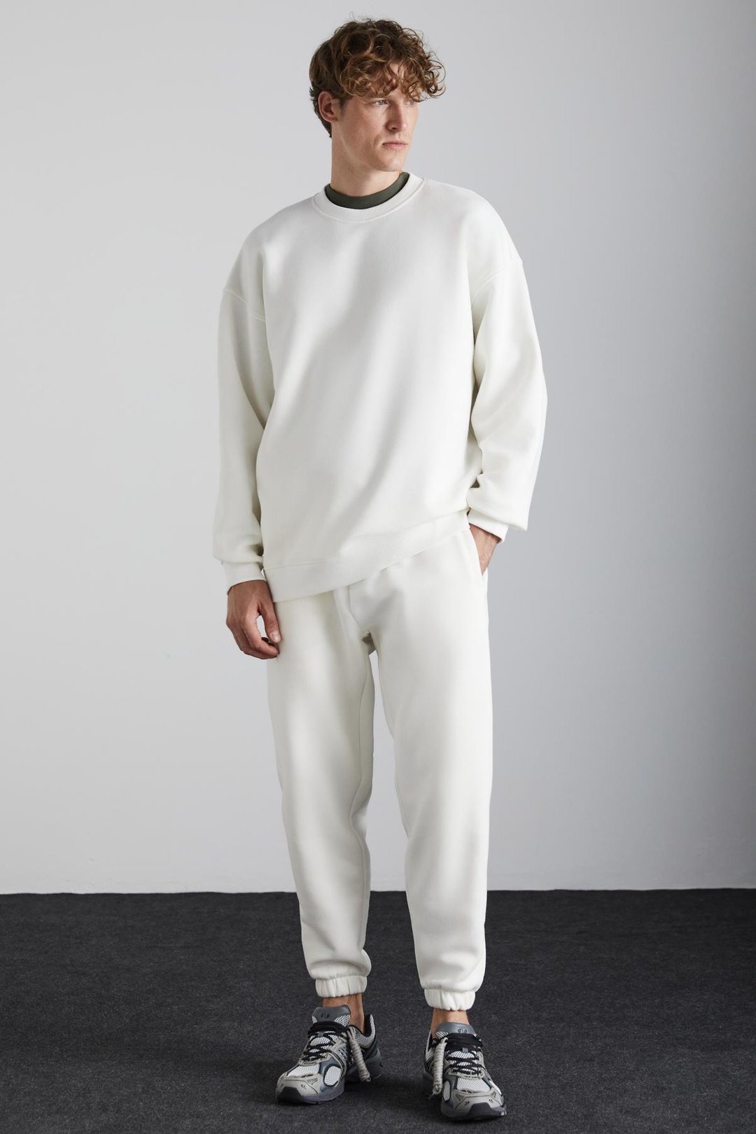 KYOTO Erkek Organik Pamuklu İçi Polarlı Geniş Kesim Paçası Lastikli Jogger Ekru Eşofman Altı