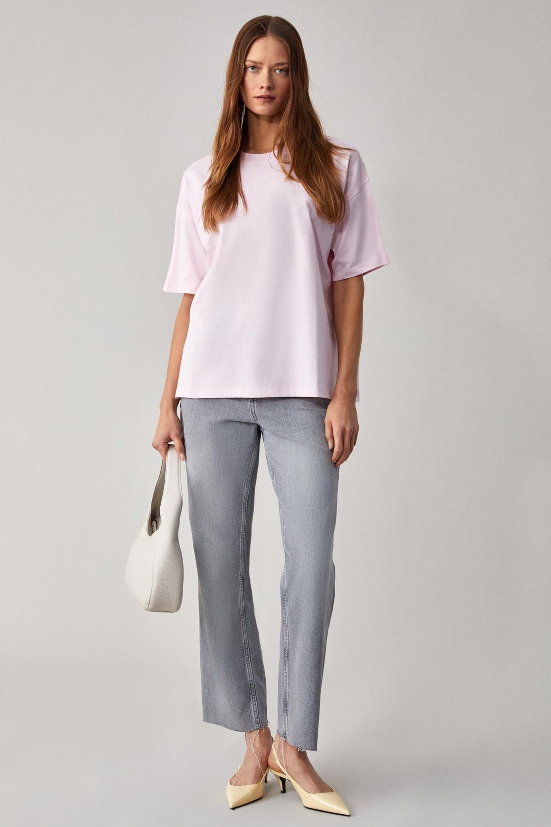 LAGERTHA Kadın %100 organik Pamuklu Kalın Dokulu Oversize Fit Yuvarlak Yakalı Açık Pembe T-Shirt