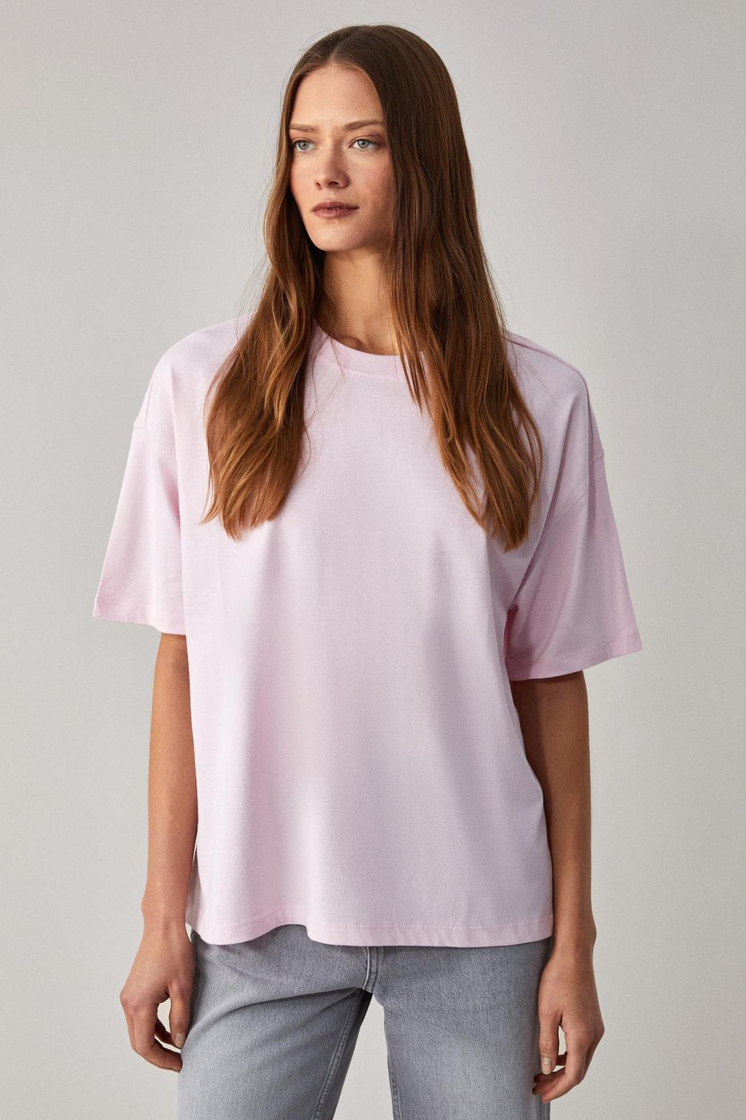 LAGERTHA Kadın %100 organik Pamuklu Kalın Dokulu Oversize Fit Yuvarlak Yakalı Açık Pembe T-Shirt