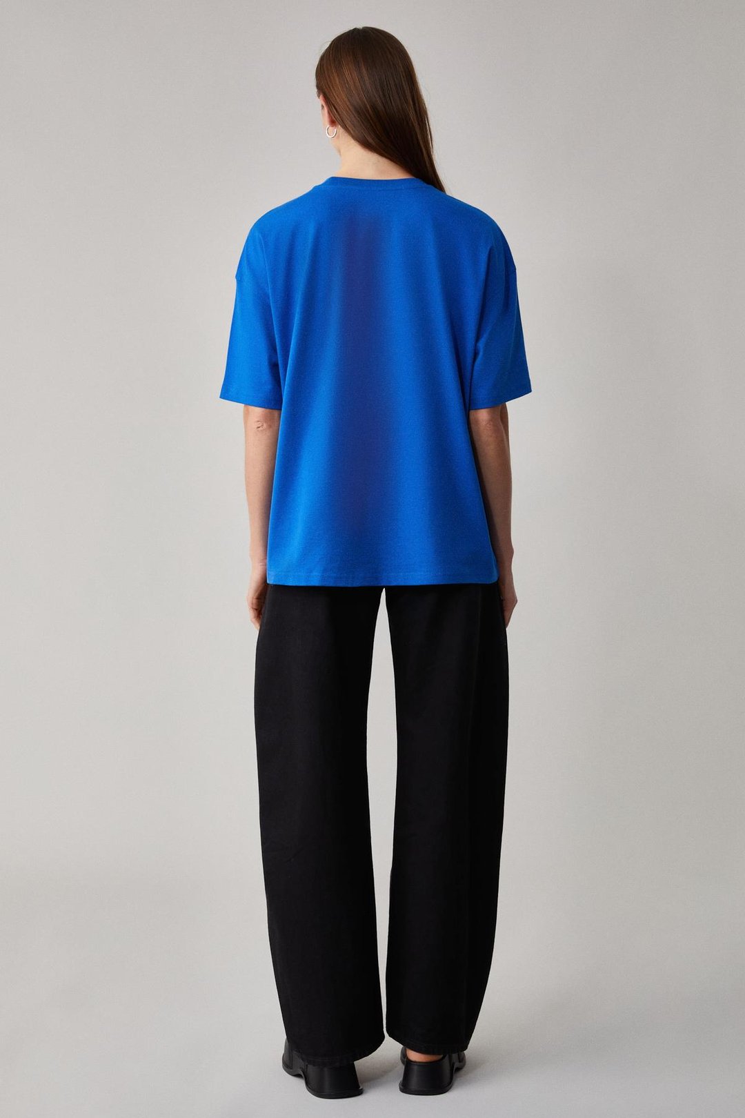 LAGERTHA Kadın %100 organik Pamuklu Kalın Dokulu Oversize Fit Yuvarlak Yakalı Mavi T-Shirt