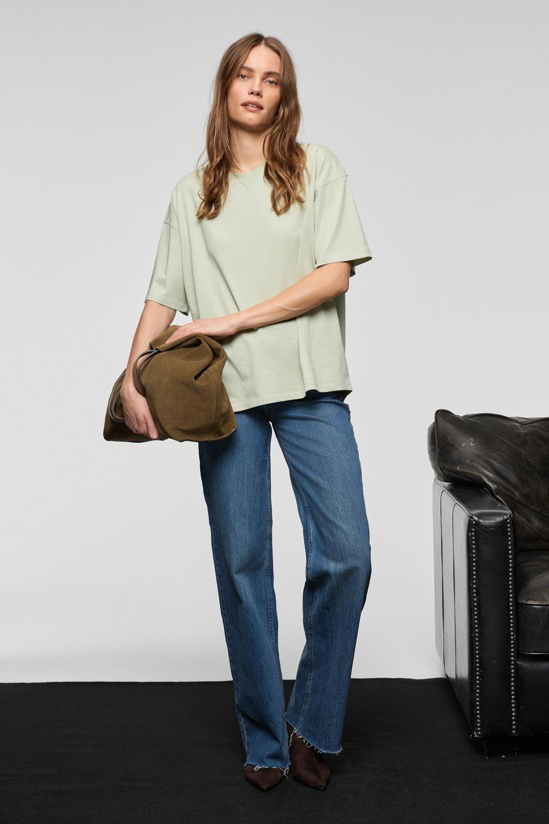 LAGERTHA Kadın %100 organik Pamuklu Kalın Dokulu Oversize Fit Yuvarlak Yakalı Mint Yeşil T-Shirt