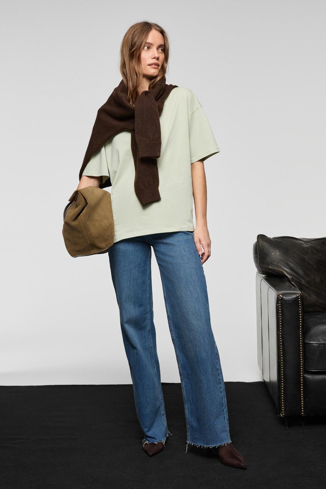 LAGERTHA Kadın %100 organik Pamuklu Kalın Dokulu Oversize Fit Yuvarlak Yakalı Mint Yeşil T-Shirt