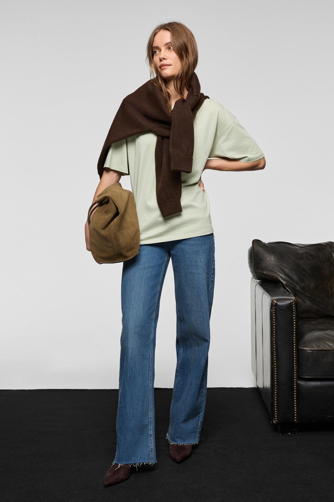 LAGERTHA Kadın %100 organik Pamuklu Kalın Dokulu Oversize Fit Yuvarlak Yakalı Mint Yeşil T-Shirt