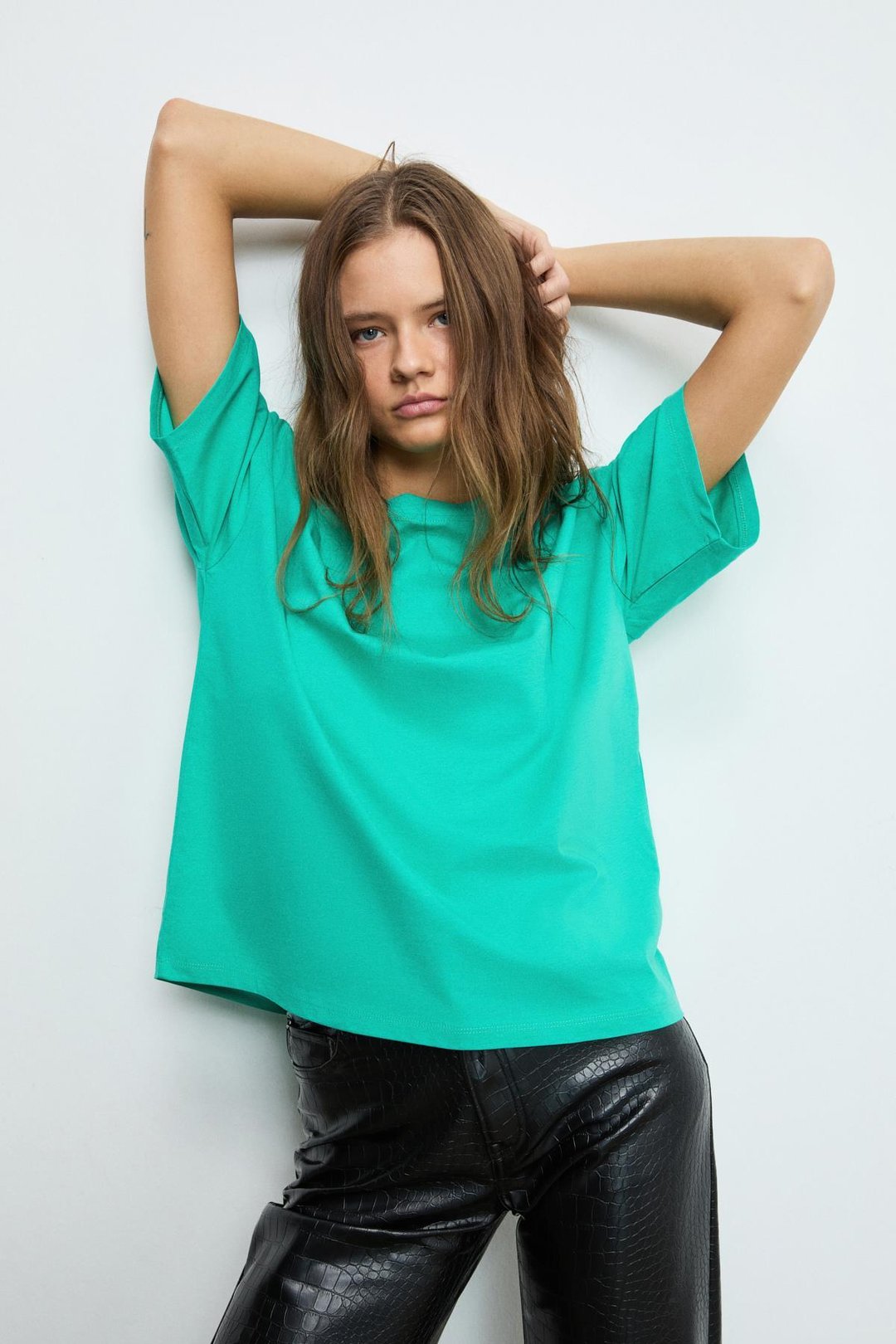 LAGERTHA Kadın %100 organik Pamuklu Kalın Dokulu Oversize Fit Yuvarlak Yakalı Yeşil T-Shirt