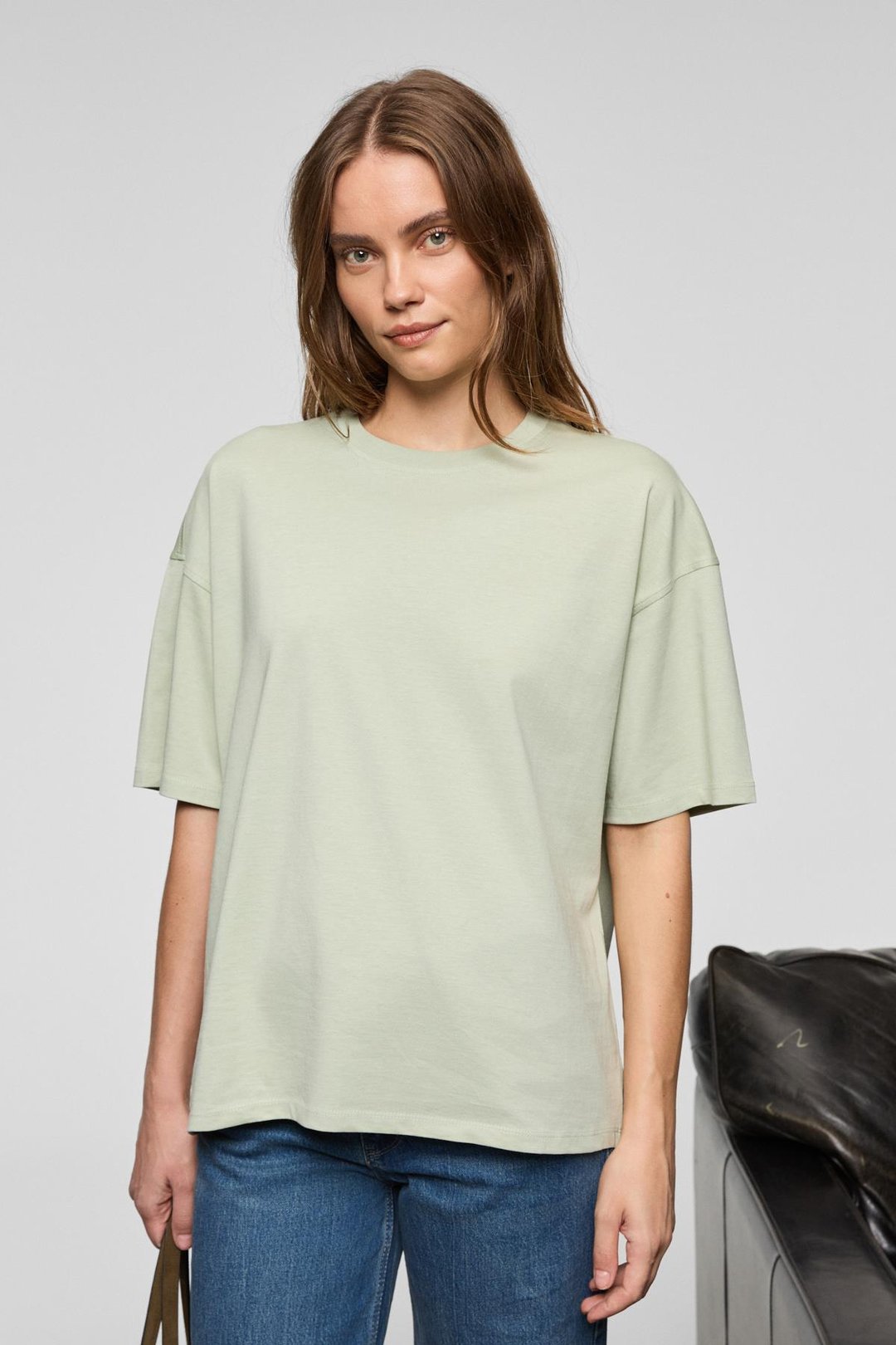 LAGERTHA Kadın %100 organik Pamuklu Kalın Dokulu Oversize Fit Yuvarlak Yakalı Mint Yeşil T-Shirt