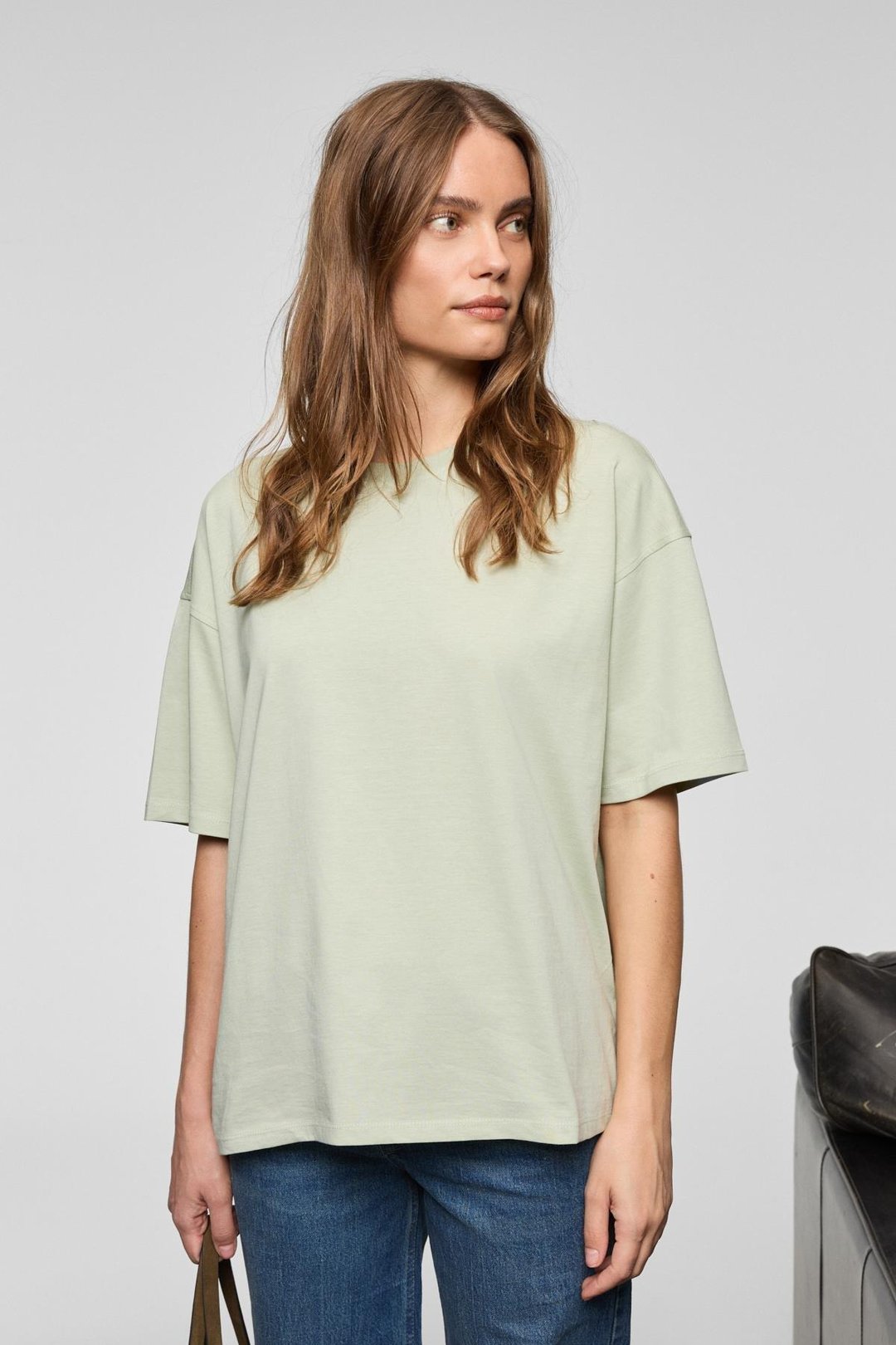 LAGERTHA Kadın %100 organik Pamuklu Kalın Dokulu Oversize Fit Yuvarlak Yakalı Mint Yeşil T-Shirt