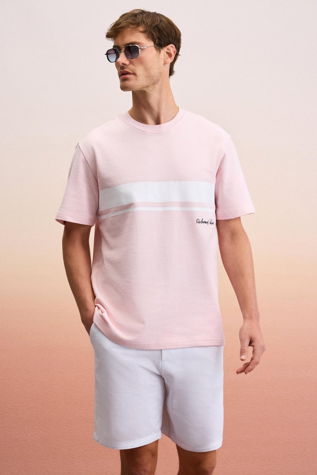 LAMINE Erkek Baskı Ve Nakış Detaylı %100 Organik Pamuk Bisiklet Yaka Kısa Kollu Regular Fit Pembe T-Shirt