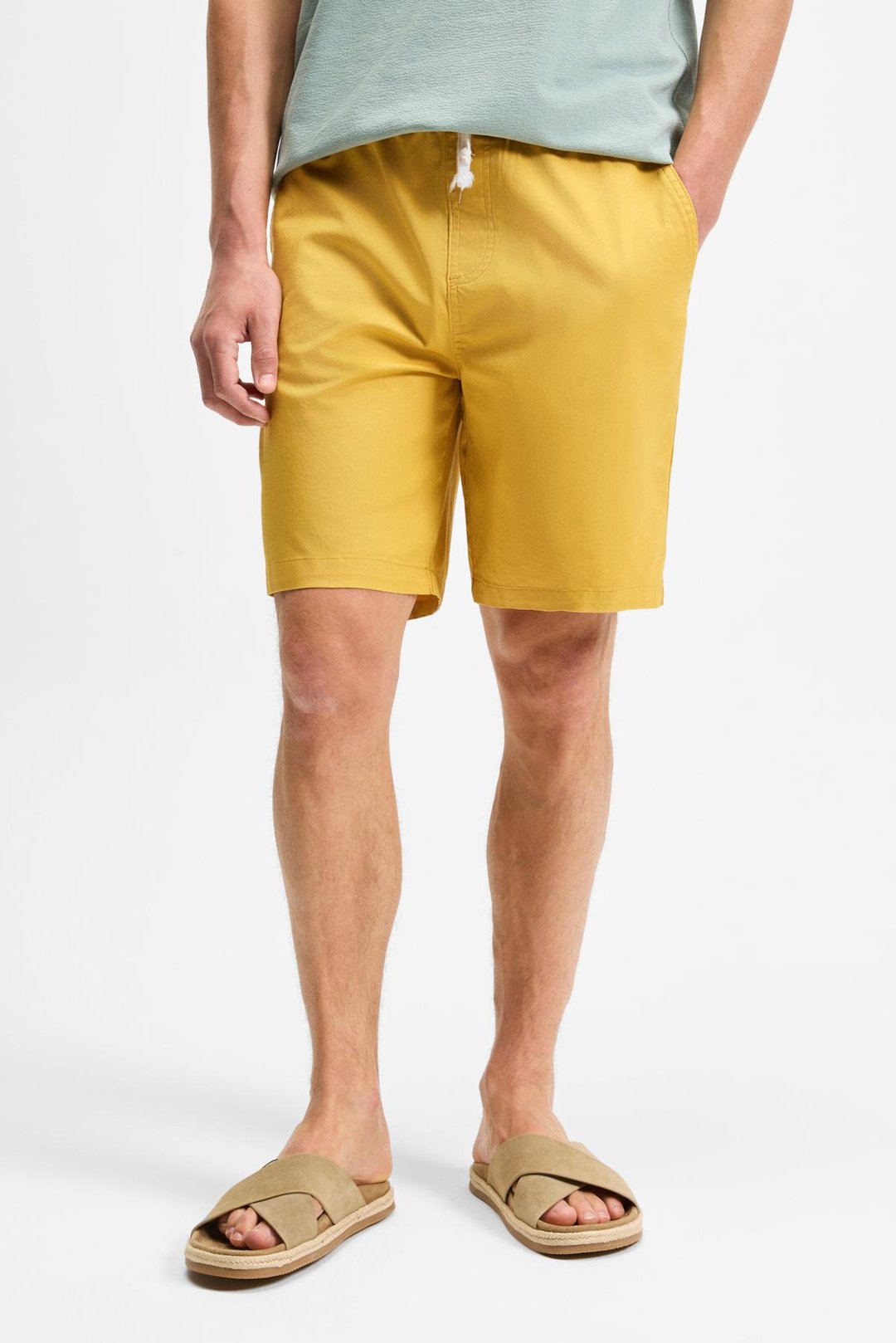 LASPER Erkek Likralı Yanları Cepli Beli Lastikli Relaxed Fit Safran Sarı Şort