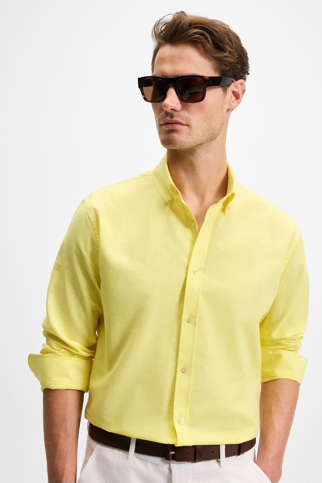 LASSE Erkek Gömlek Yaka Manşetli Uzun Kollu Regular Fit Sarı Gömlek