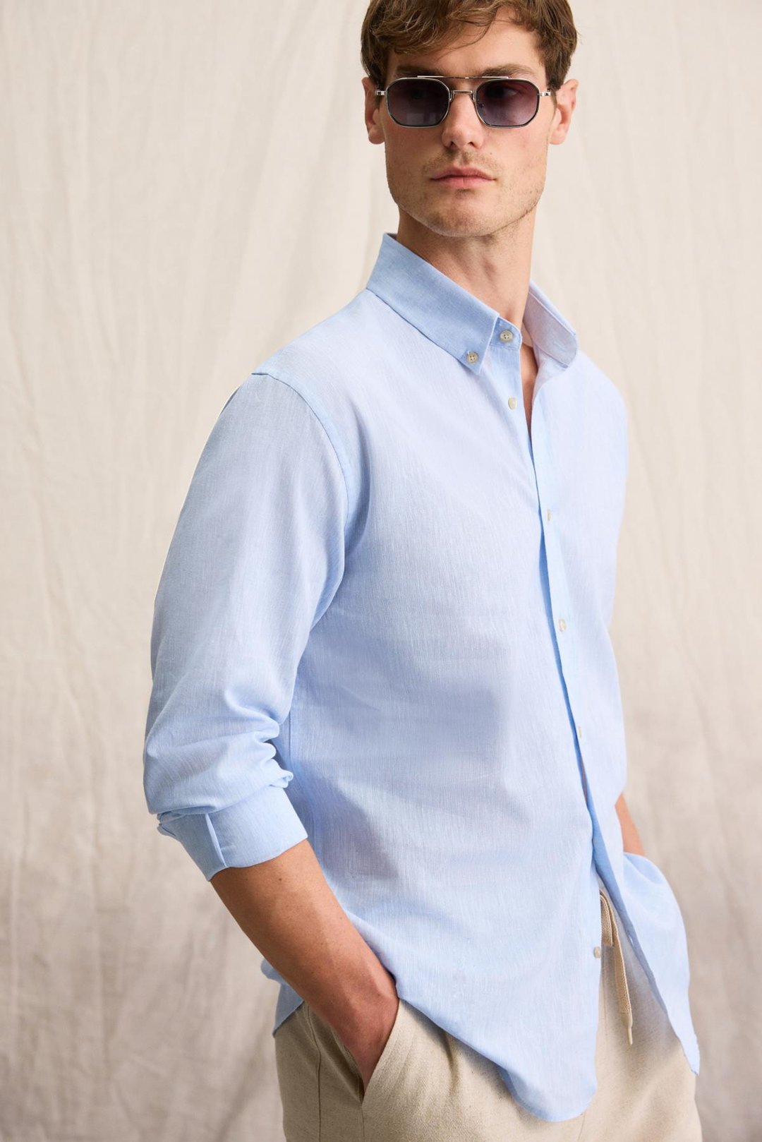 LASSE Erkek Keten Karışımlı Gömlek Yaka Manşetli Uzun Kollu Regular Fit Mavi Gömlek