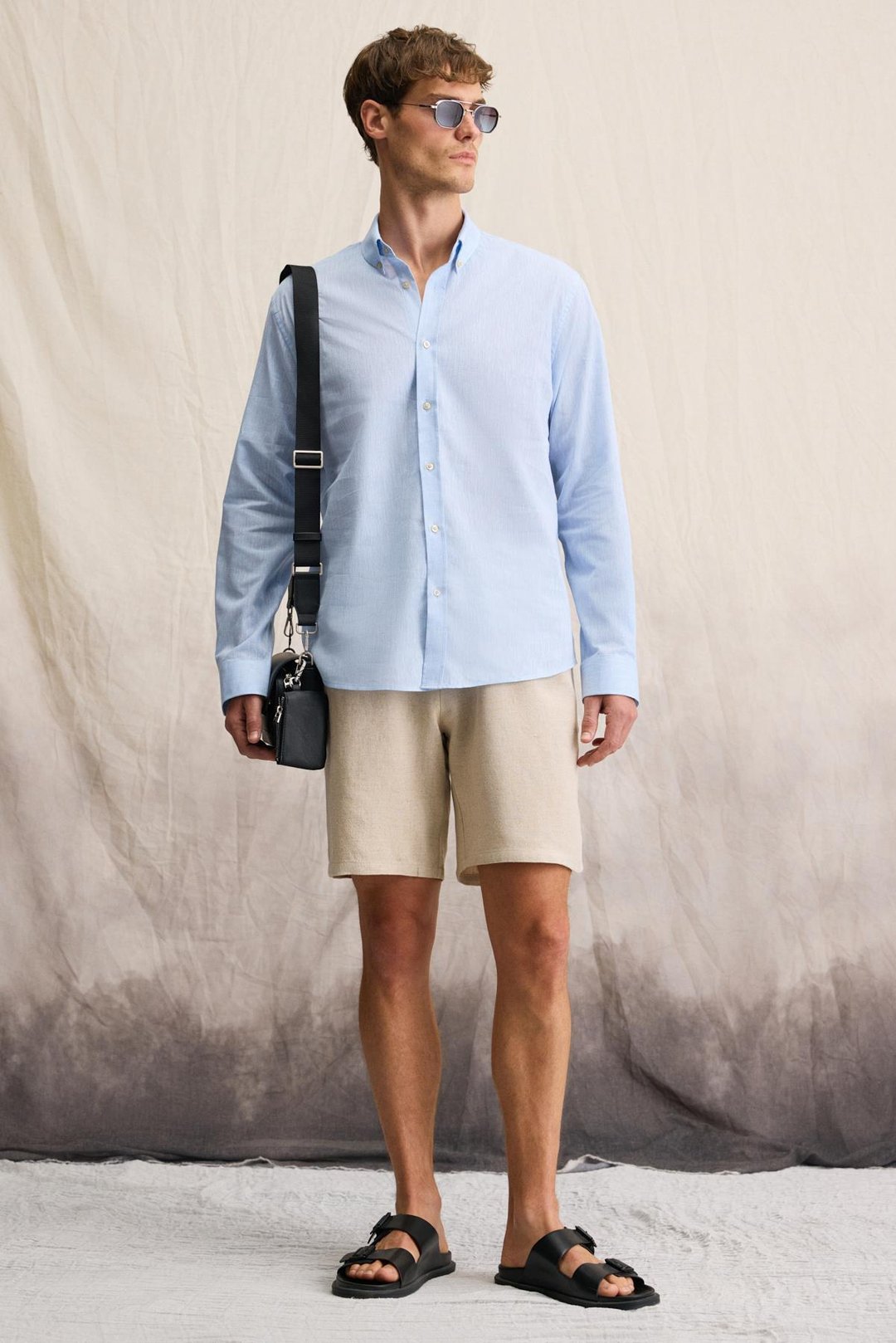 LASSE Erkek Keten Karışımlı Gömlek Yaka Manşetli Uzun Kollu Regular Fit Mavi Gömlek