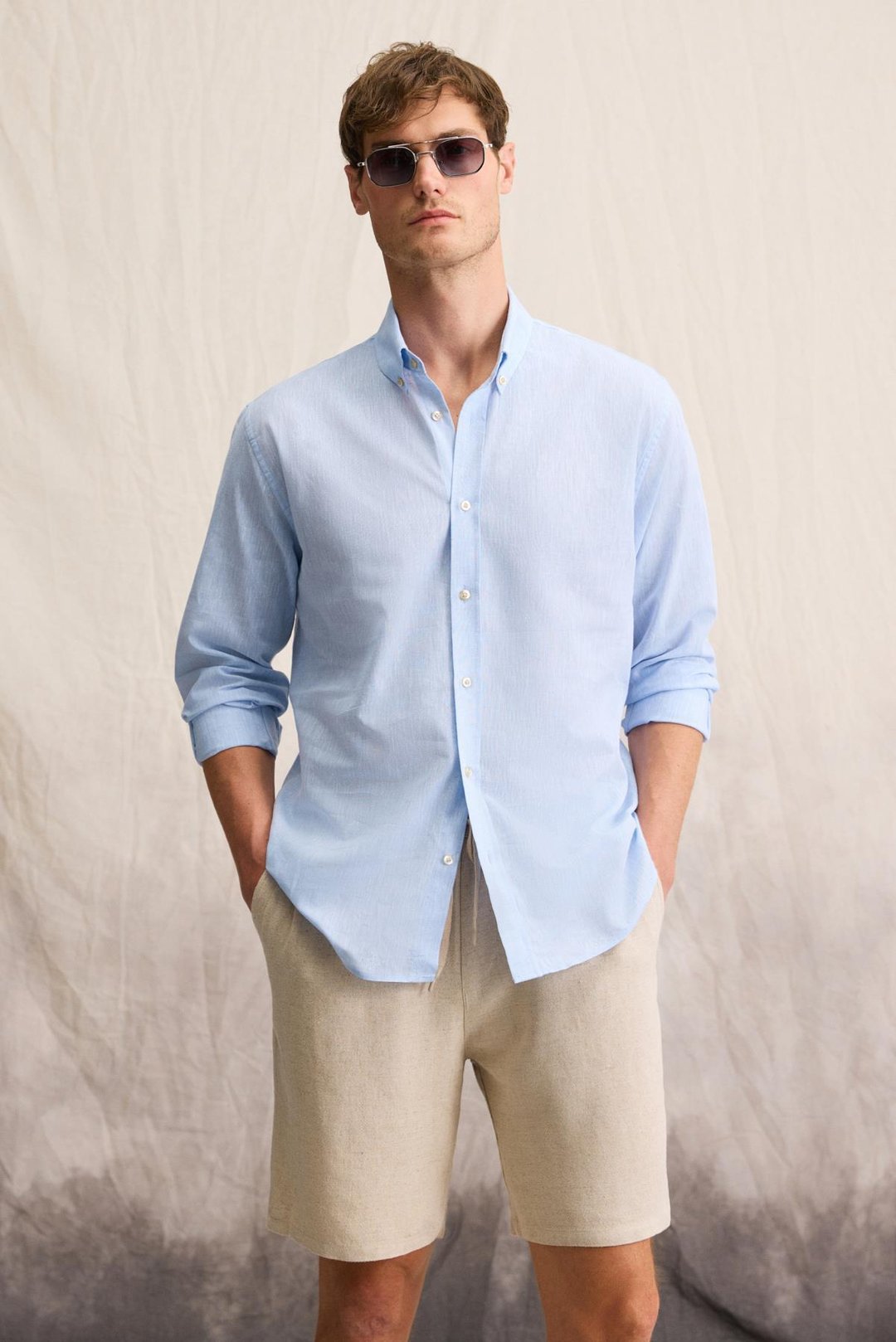 LASSE Erkek Keten Karışımlı Gömlek Yaka Manşetli Uzun Kollu Regular Fit Mavi Gömlek